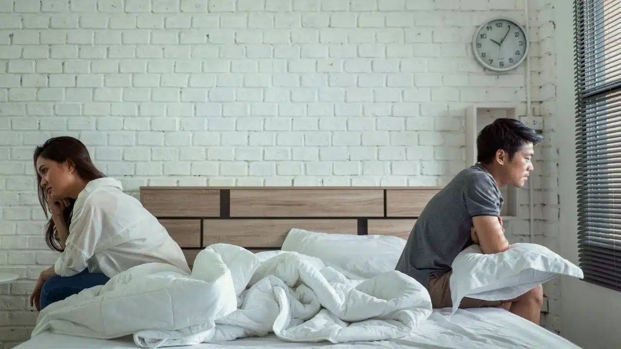 A man and woman sit separately on a bed with their backs to each other, looking upset.