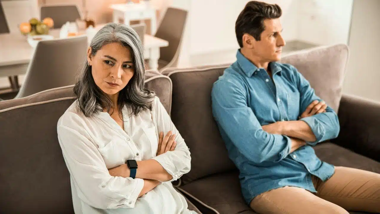 Middle-aged couple sitting separately on a couch with arms crossed, looking away.