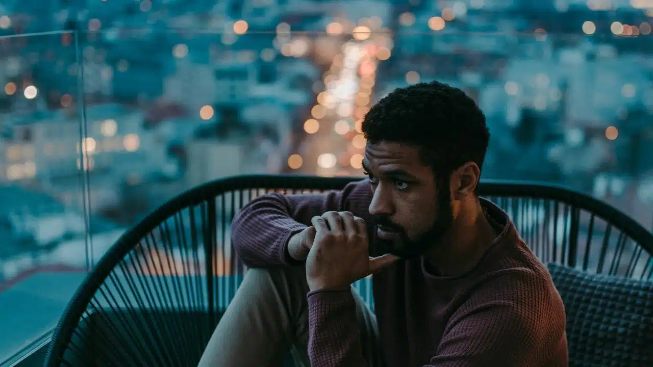 A man sitting alone deep in thought at night.