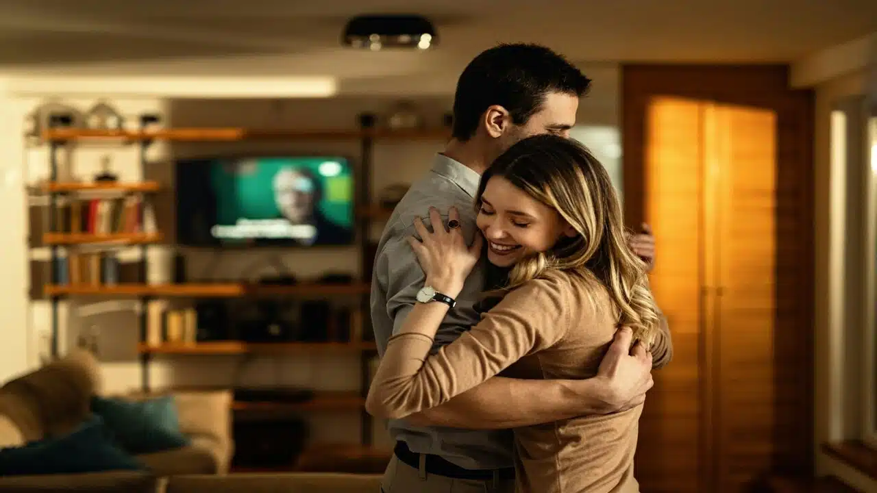 A couple hugging in the living room