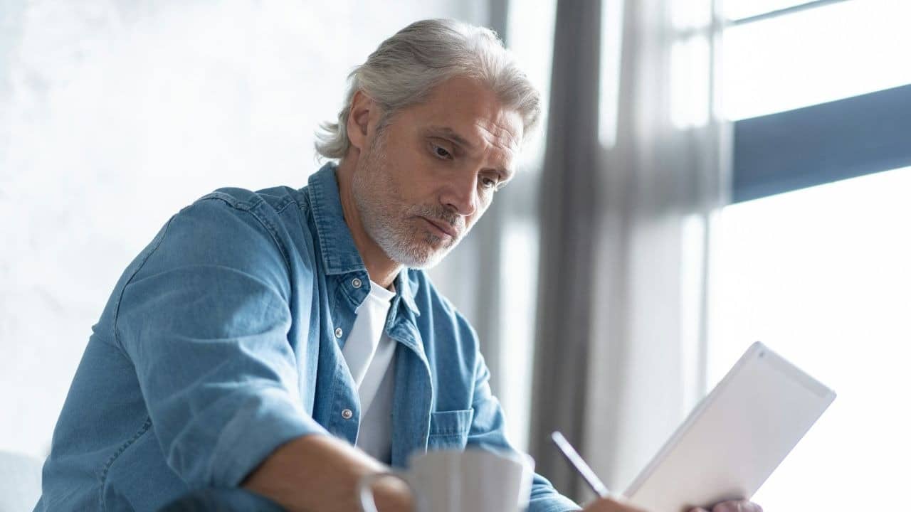 A serious, mature man with gray hair in a denim shirt writes on a tablet.