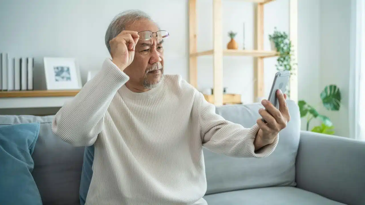 A senior man adjusts his glasses while looking intently at his phone.