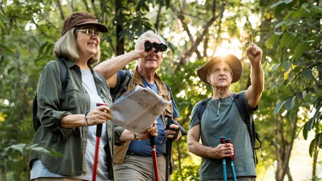 A group of three smiling seniors are hiking outdoors, using binoculars and a map.