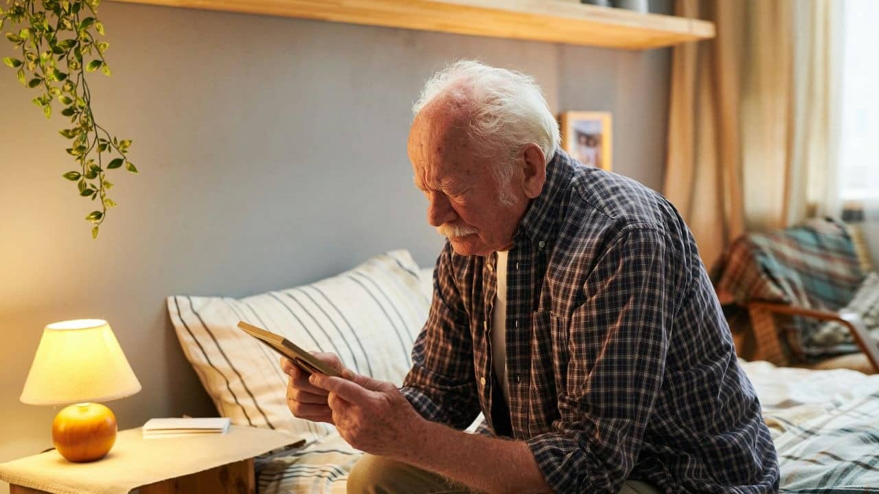 A senior man in a plaid shirt sits on a bed, looking at an old photo.