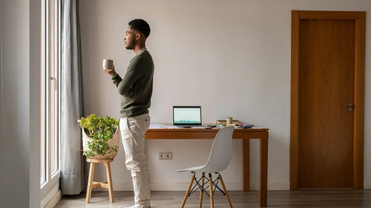 A man stands by a window, holding a mug, with a desk and laptop in the background.