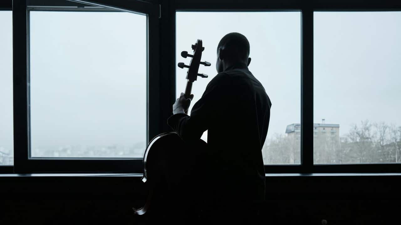 A person in silhouette holds a cello while looking out a large window.