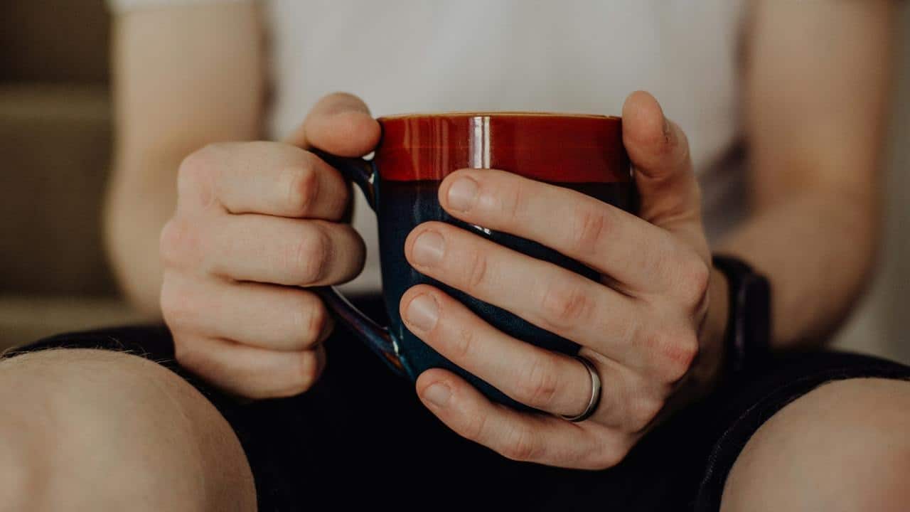 A person’s hands holding a coffee mug.