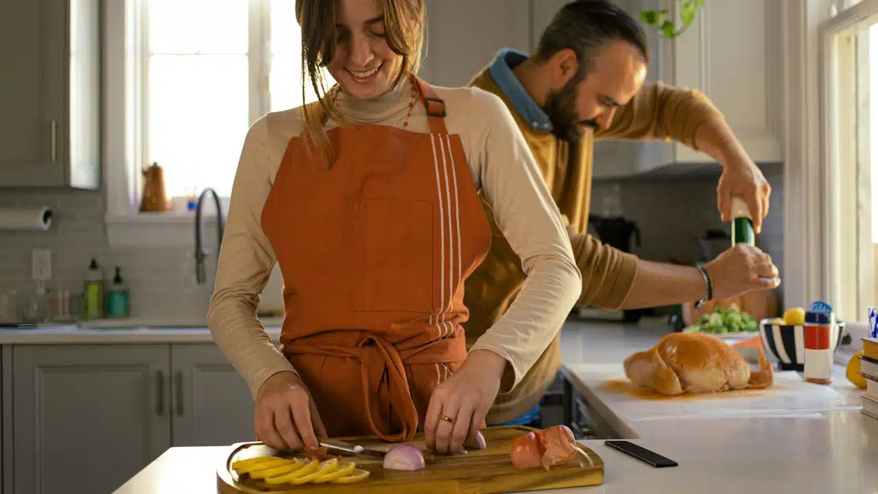 A man helping his wife out while they cook in a kitchen.