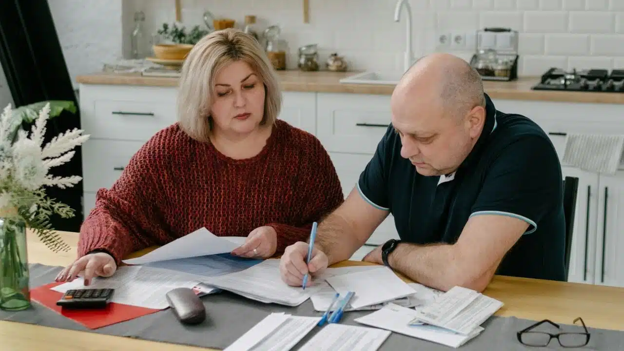 A serious middle-aged couple reviews documents and finances at a kitchen table.