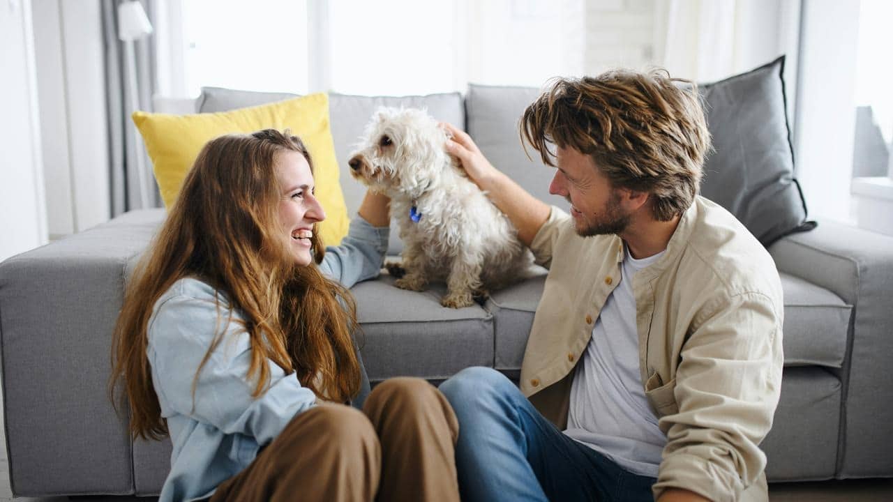 A couple sitting on the floor petting their small dog.
