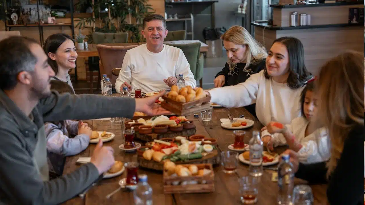 A family sitting at a table and having dinner together.