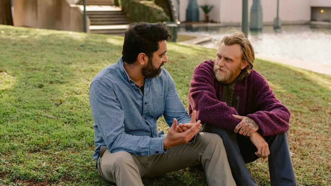 Two men sit on a grassy slope outdoors, engaged in a serious face-to-face conversation.