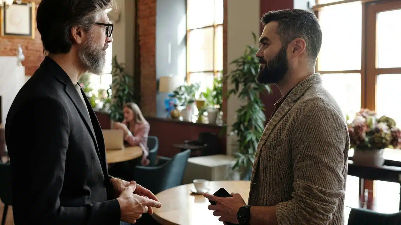 A man in a blazer talking to another man in a café.
