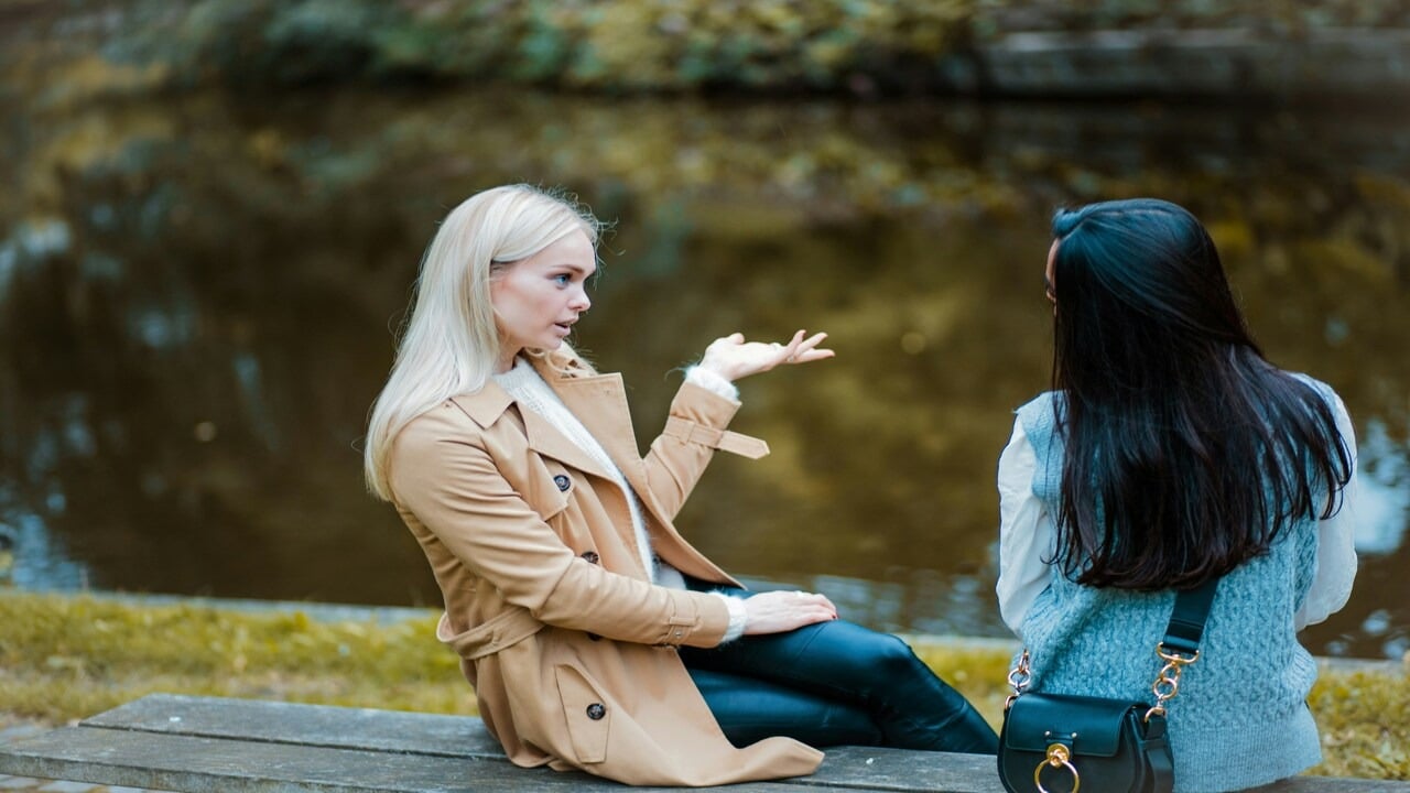 Two friends conversing in the park