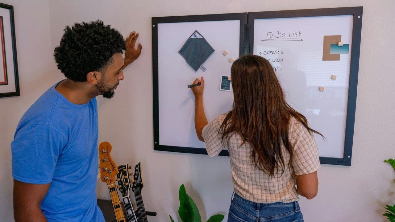 A couple works together, writing on a whiteboard with a to-do list.