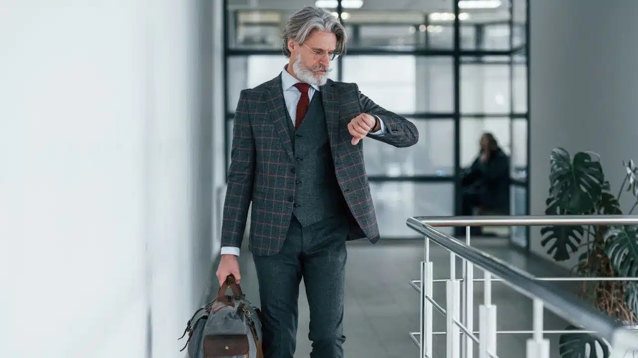 A gray-haired man in a suit looks at his watch while carrying a bag.