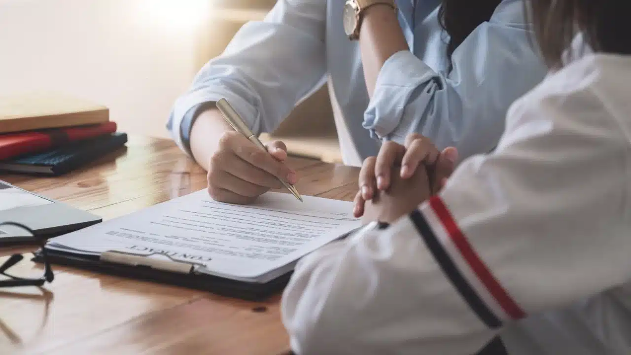 A person's hands point at a document on a table, with a pen and other hands nearby.