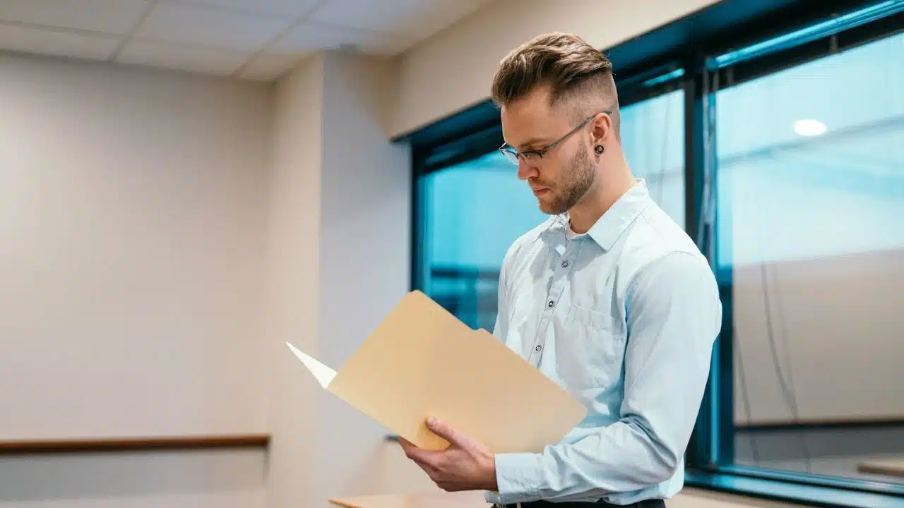 A man with glasses and an undercut stands indoors, looking at a folder.