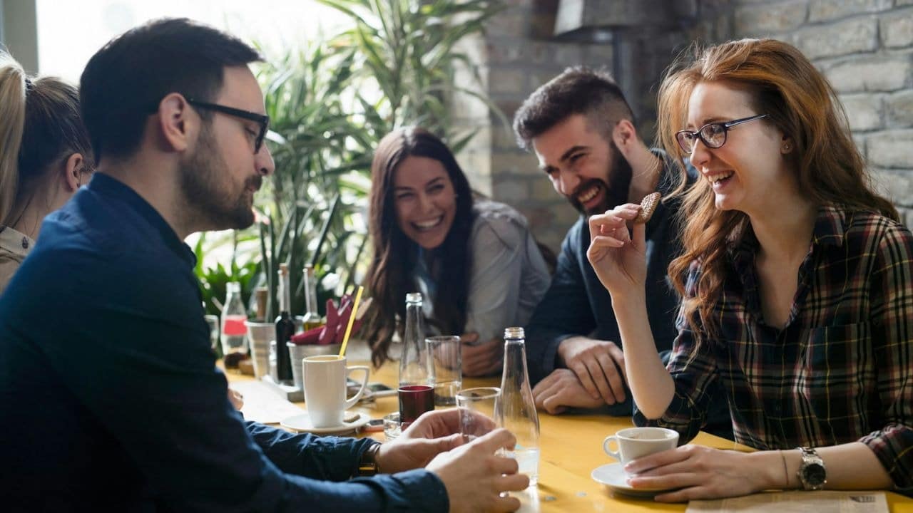 Friends sitting around a table, laughing and talking in a café.