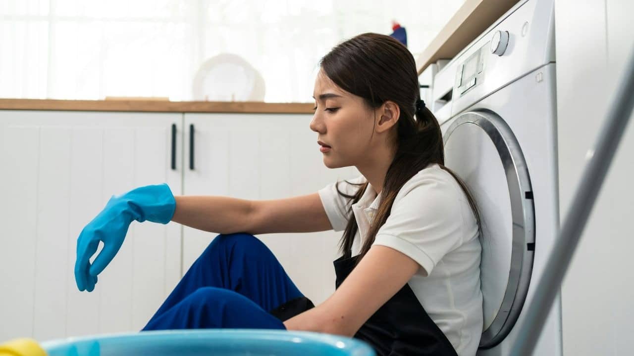 A stressed and exhausted woman in blue gloves sits on the floor next to a washing machine.