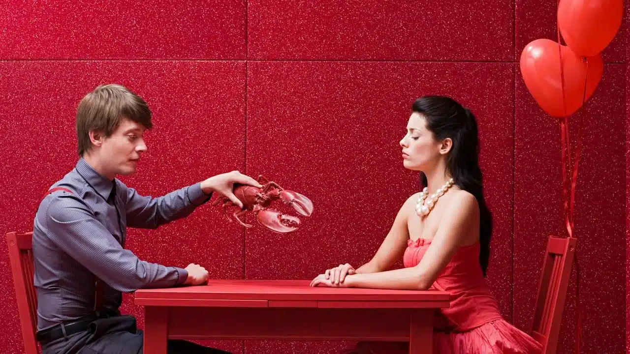 A man and a woman sitting at a table with red balloons.
