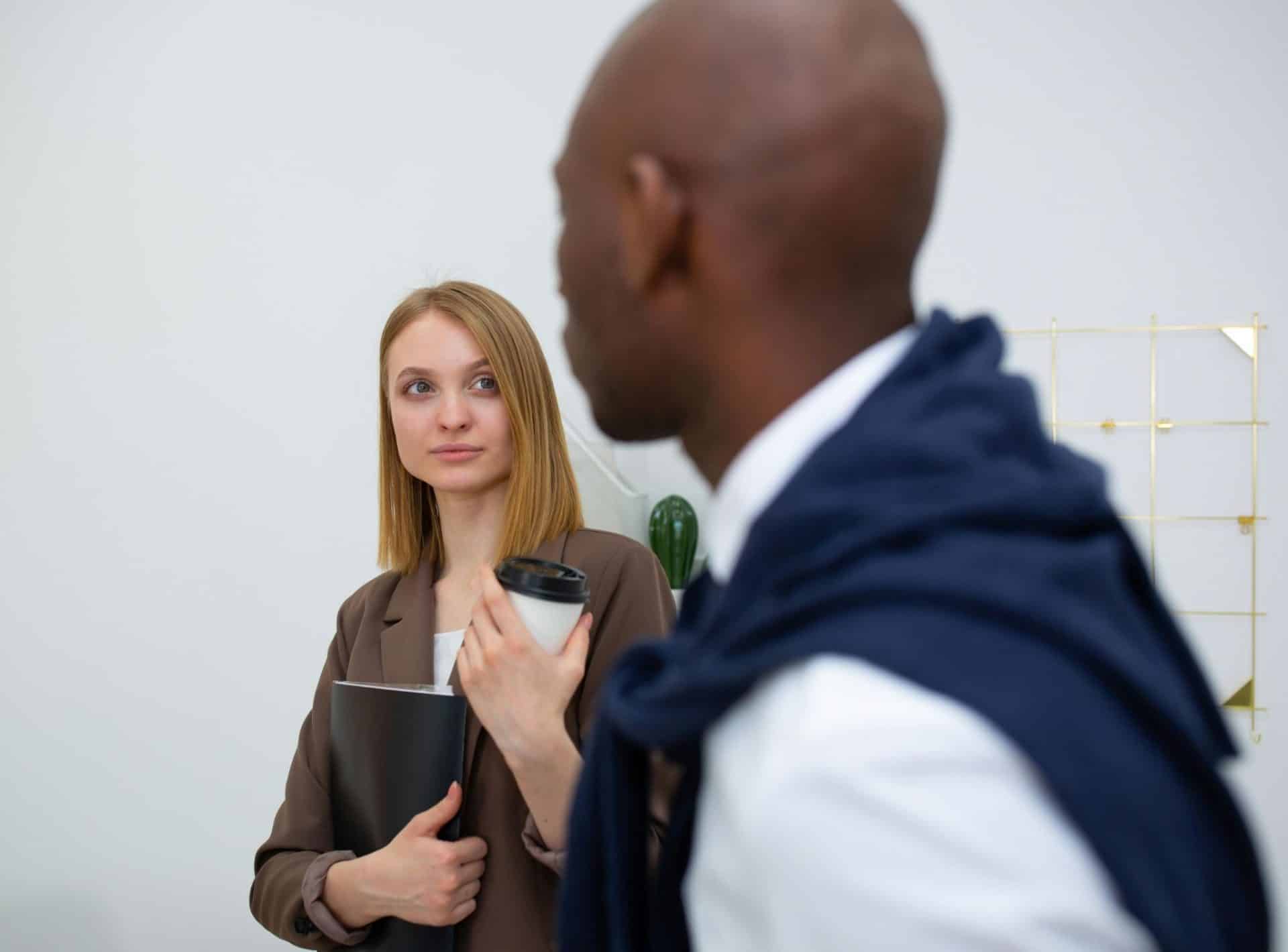 A man and woman looking at each other