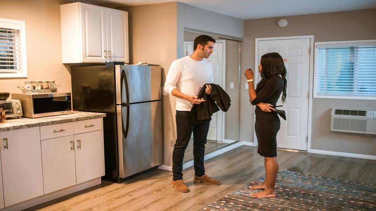 A couple talking in the kitchen