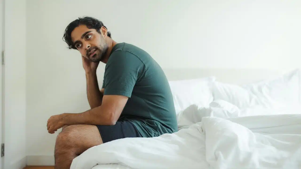 A man with dark hair and a beard sits on a bed with white sheets, looking back over his shoulder.