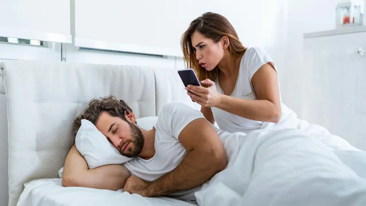 A woman looks at a phone with a shocked expression while a man sleeps in bed.