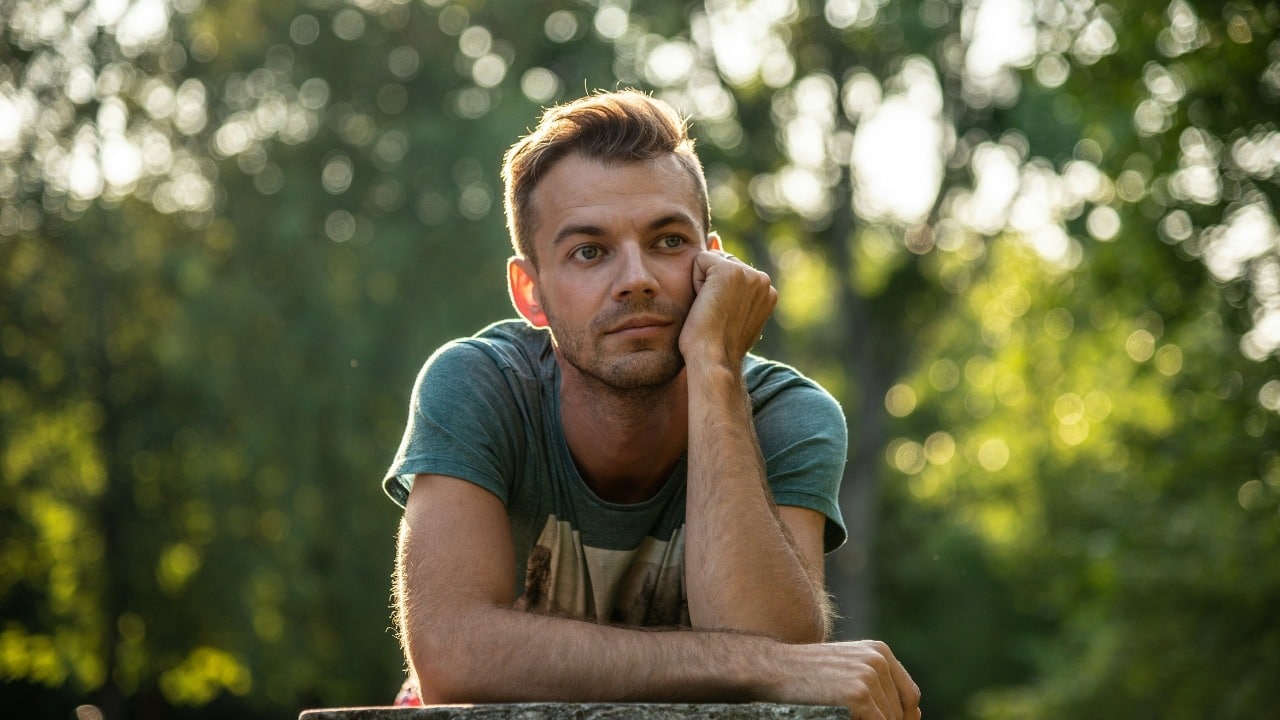 A man in a grey sweatshirt sits at a table, looking down with a somber expression.