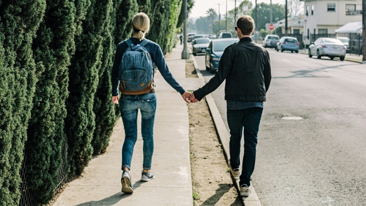A man and woman walk away from the camera on a sidewalk while holding hands together.