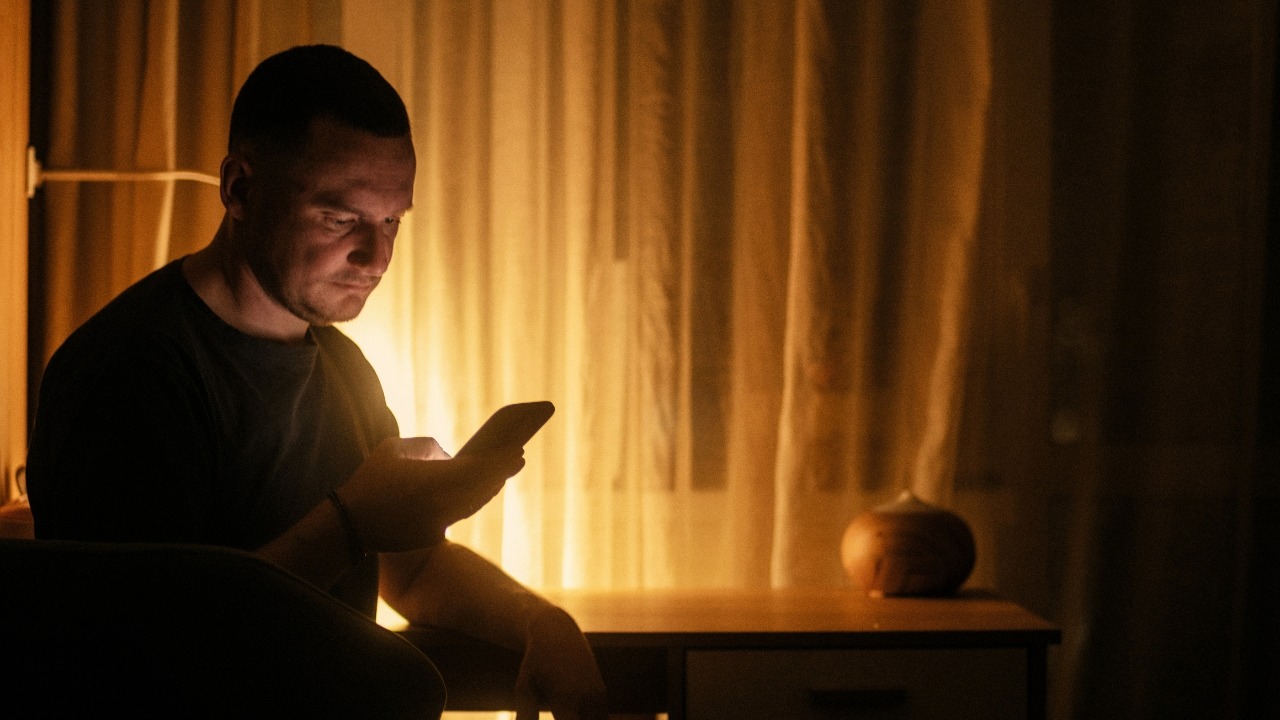 A man sits in a dark room, illuminated by the light of his handheld mobile phone.