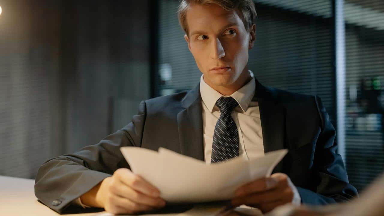 A man in a suit reading documents at a desk in an office.