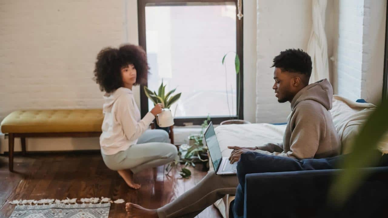 A couple relaxing at home, with one using a laptop and the other holding a potted plant.