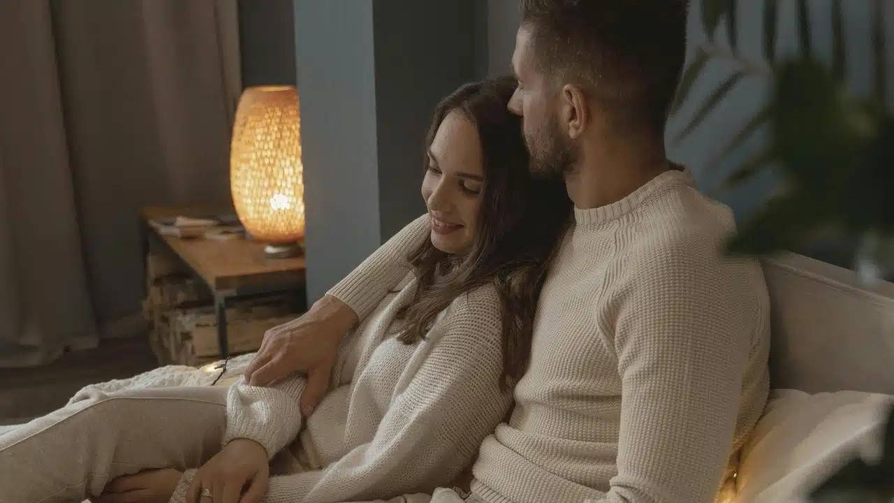 A couple sitting together indoors, cuddling closely on a couch.