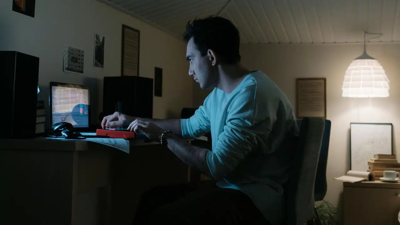 A man working at a desk late at night on a computer.