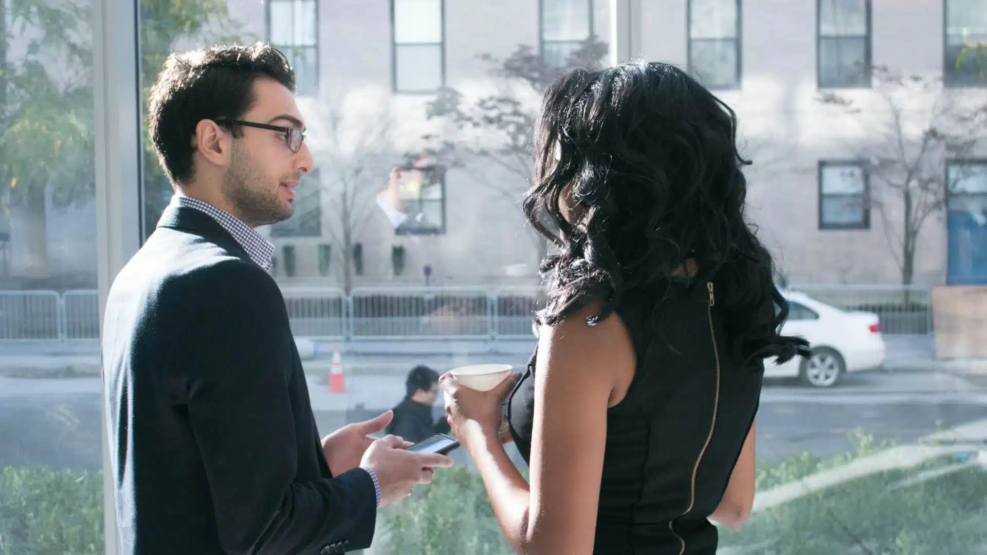 A man and woman talking