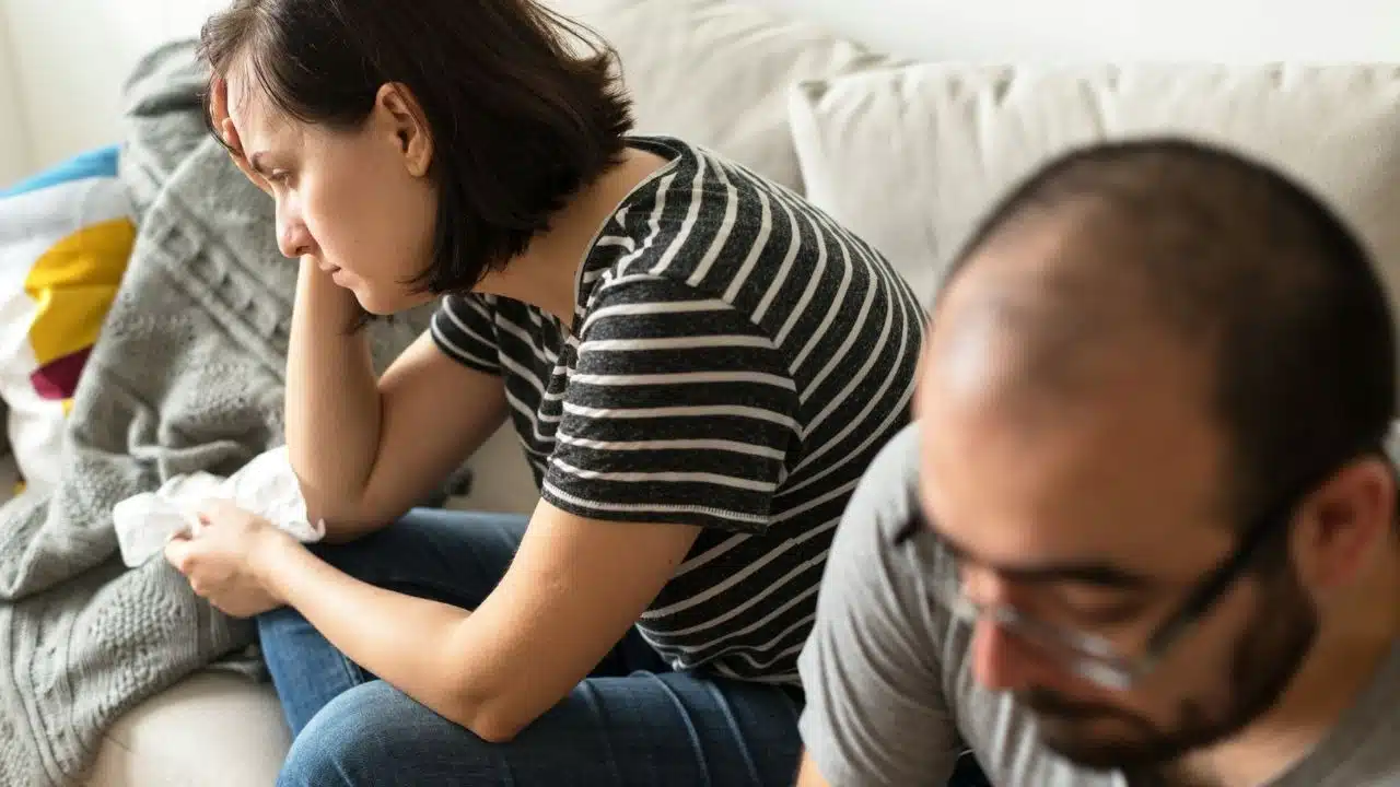 A woman in a striped shirt sits on a sofa looking down beside a man.