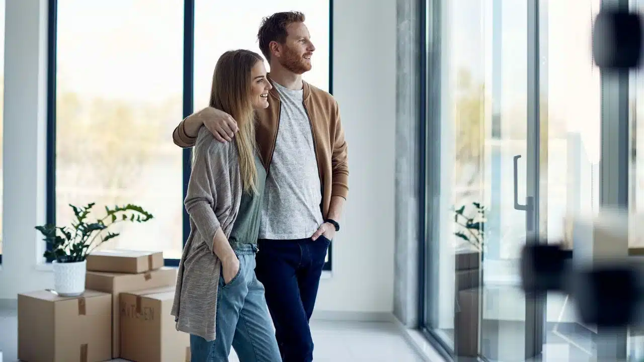 A smiling couple stands in an empty room with cardboard boxes, looking out a large window.