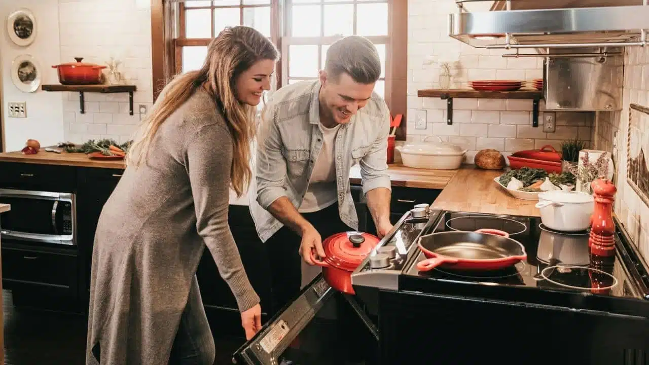A smiling man and woman place a red pot into a kitchen oven together.