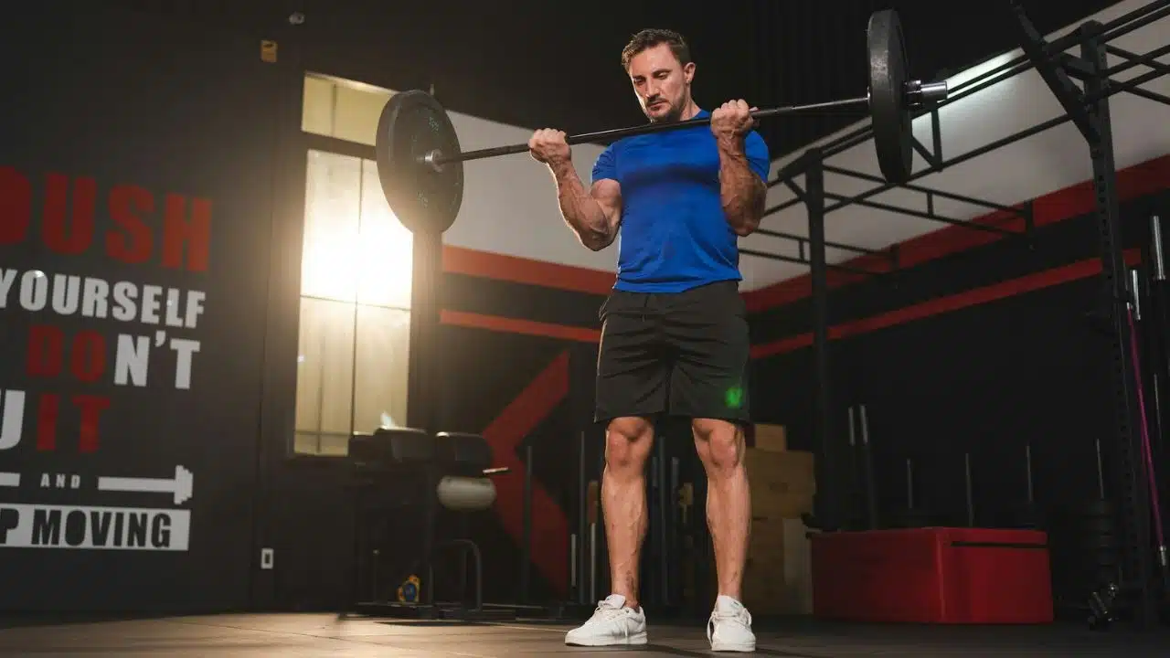 A man in a blue shirt lifts a weighted barbell in a gym setting.