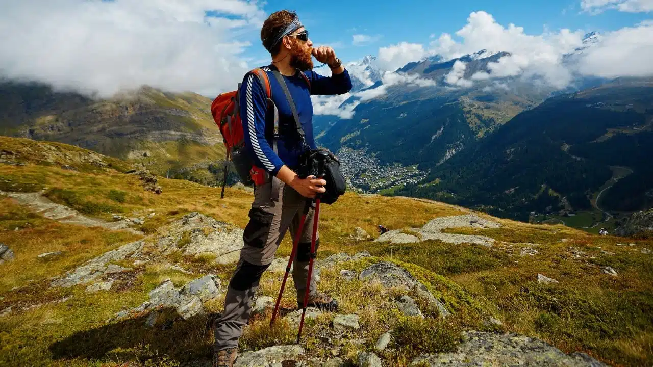 A bearded hiker with a backpack and poles looks out over a mountain valley.