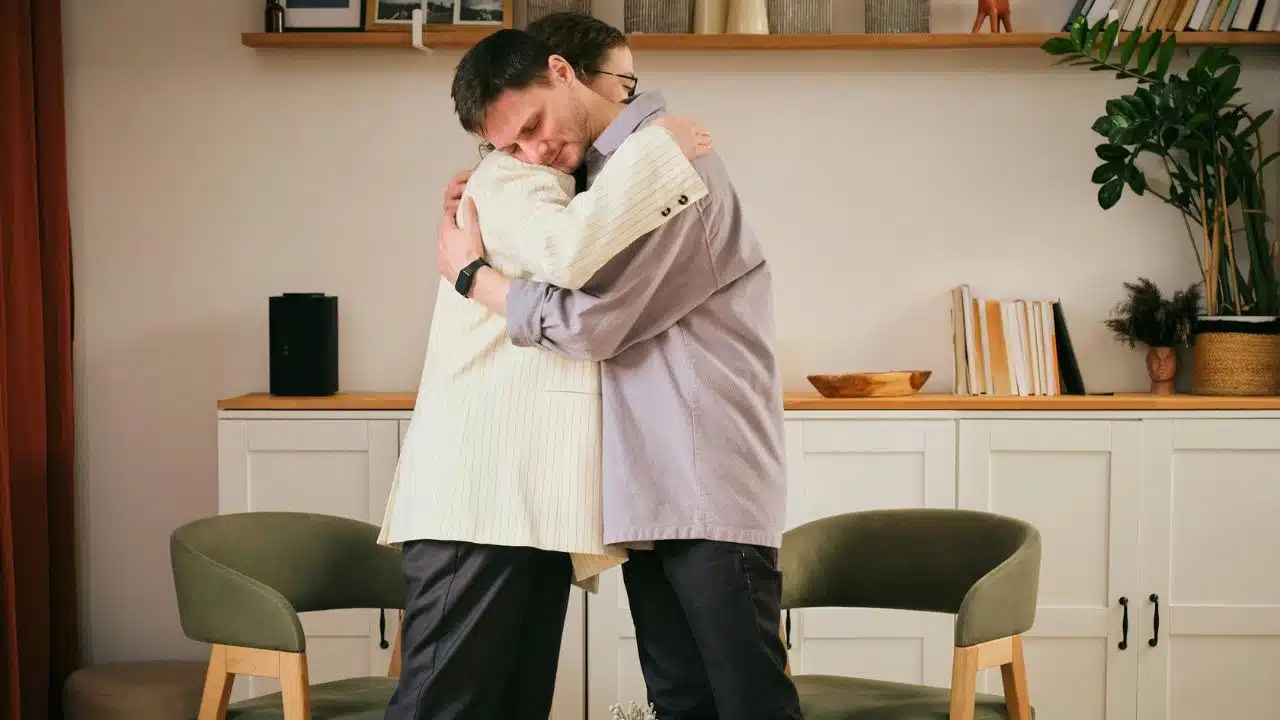 A man in a purple shirt hugs a person in a pinstriped blazer indoors.