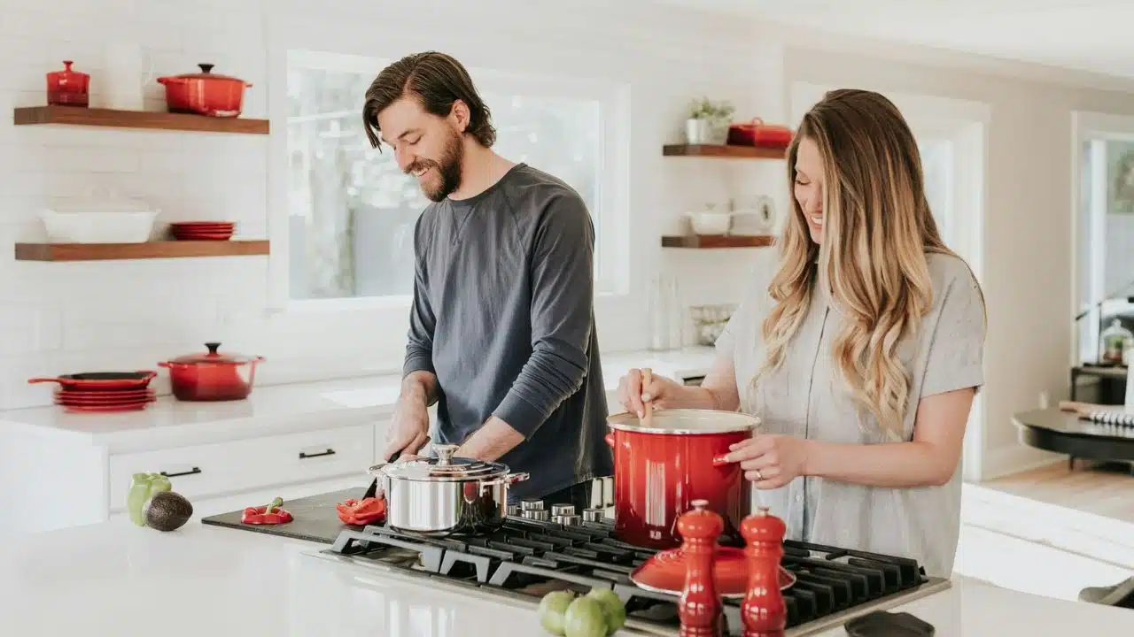 A man chops vegetables while a woman stirs a red pot in a bright kitchen.