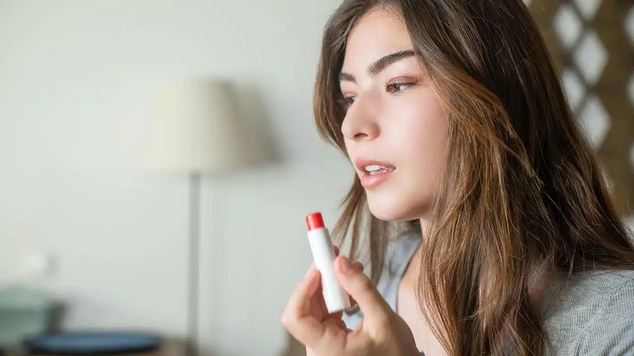 A woman holding lipstick and looking to the side indoors.