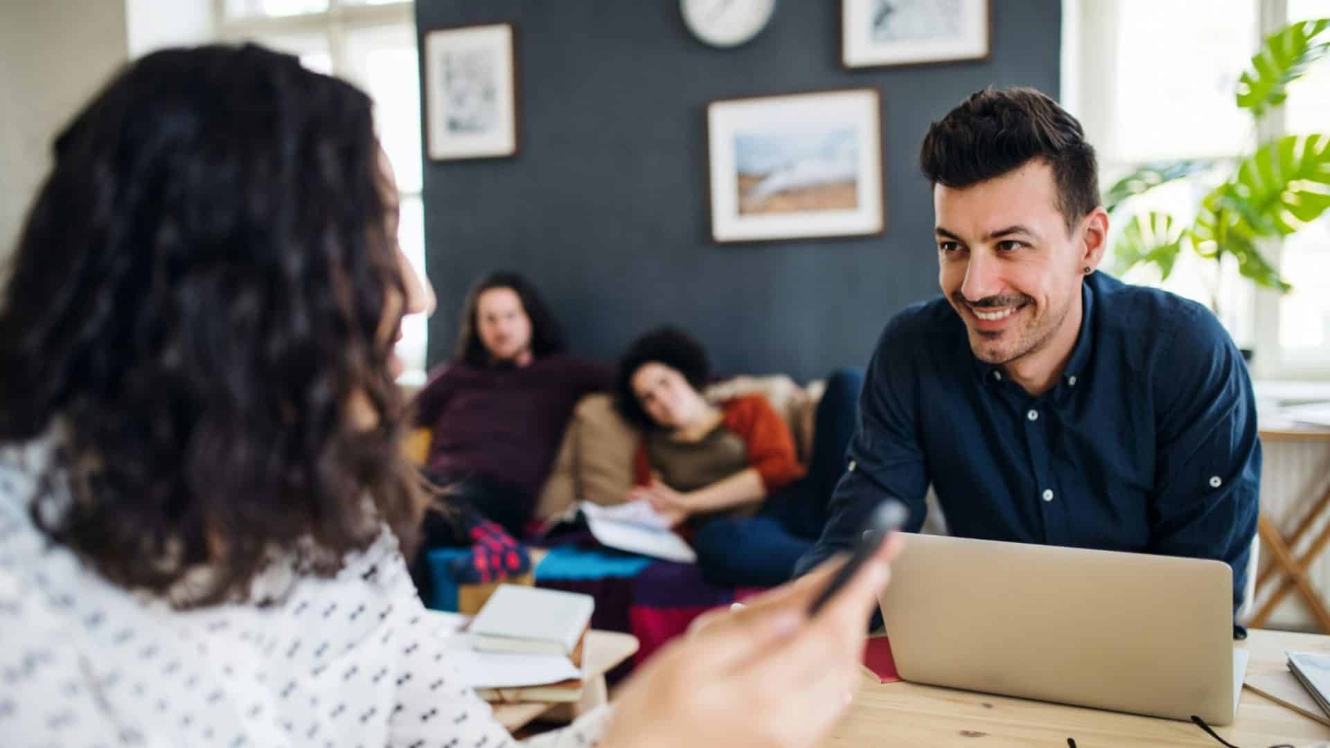 A man and woman talking