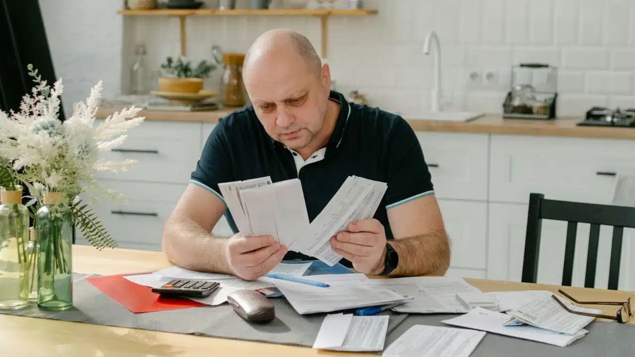 A man sits at a table holding several papers with a calculator nearby in a kitchen.