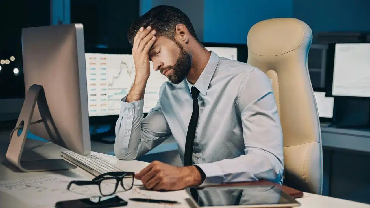 A man in a shirt and tie sits at a desk with his hand on his forehead.