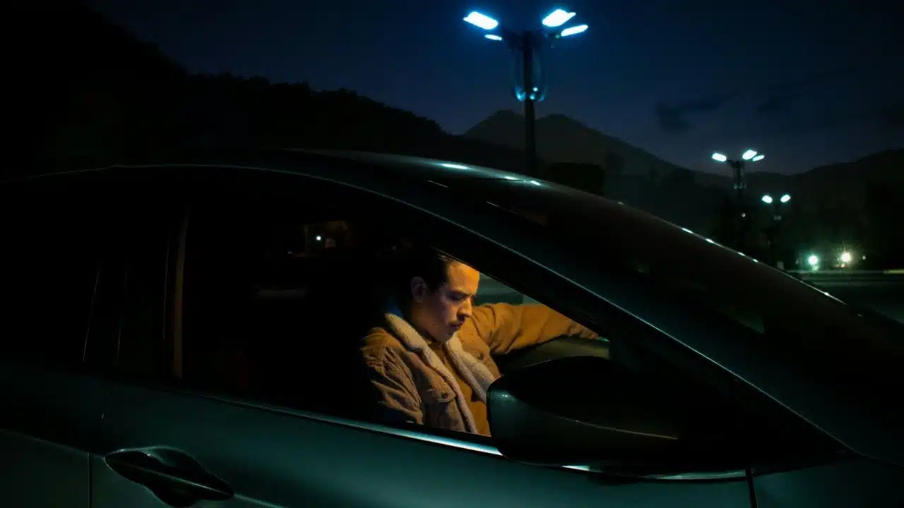 A man sits inside a dark car at night, his face illuminated by a glow.