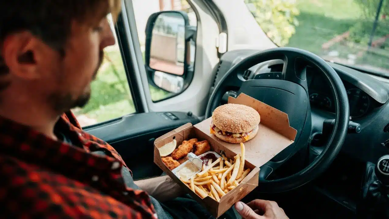 A person in a vehicle holds a box containing a burger, fries, and fried nuggets.